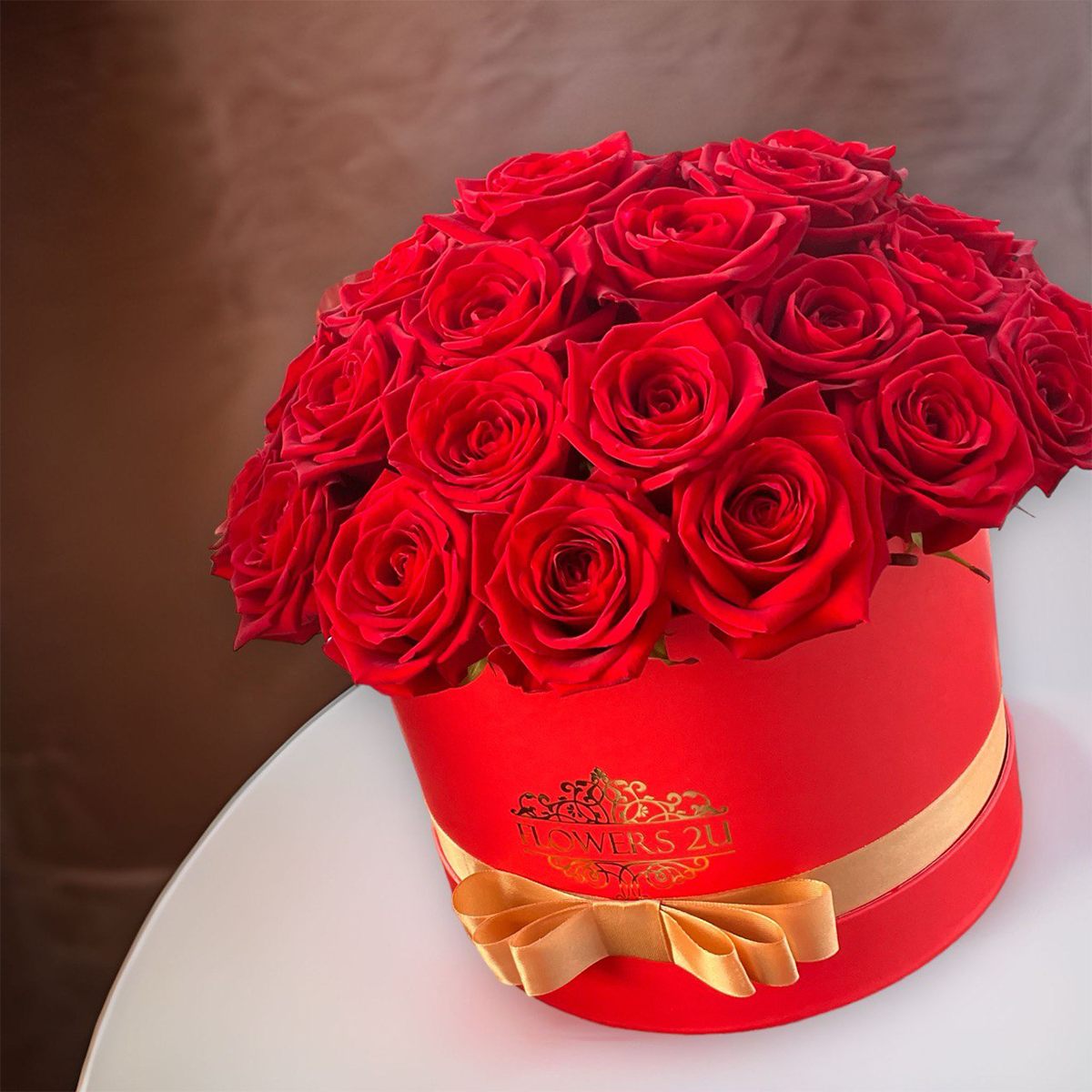 Fresh Red Roses in a Hatbox