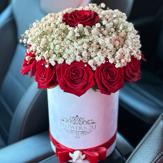 Contrastive Roses and Gypsophilas in a Hatbox