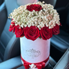 Contrastive Roses and Gypsophilas in a Hatbox