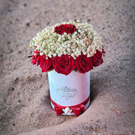Contrastive Roses and Gypsophilas in a Hatbox